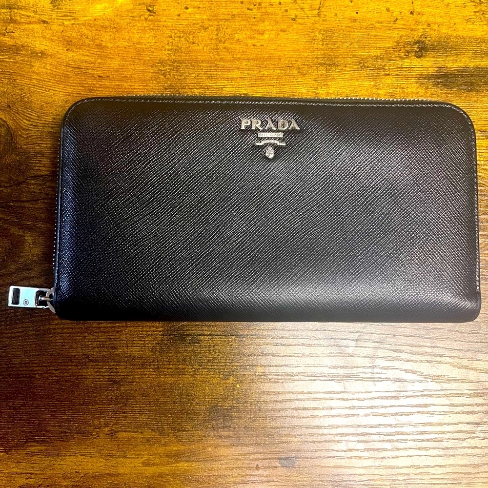 Prada Black Saffiano Leather Zip around Wallet